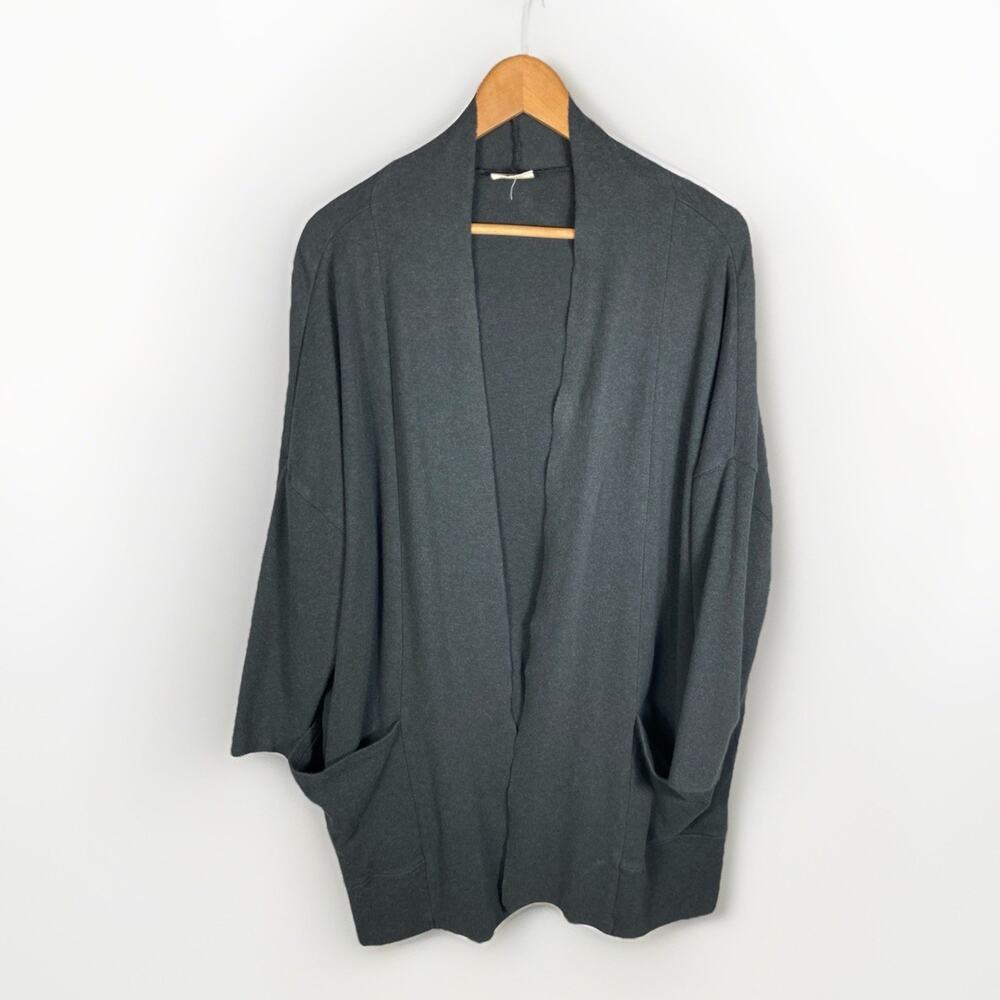Pact Organic Cotton Cardigan Womens M/L Grey Mid Length Raw Hem Opening Cozycore